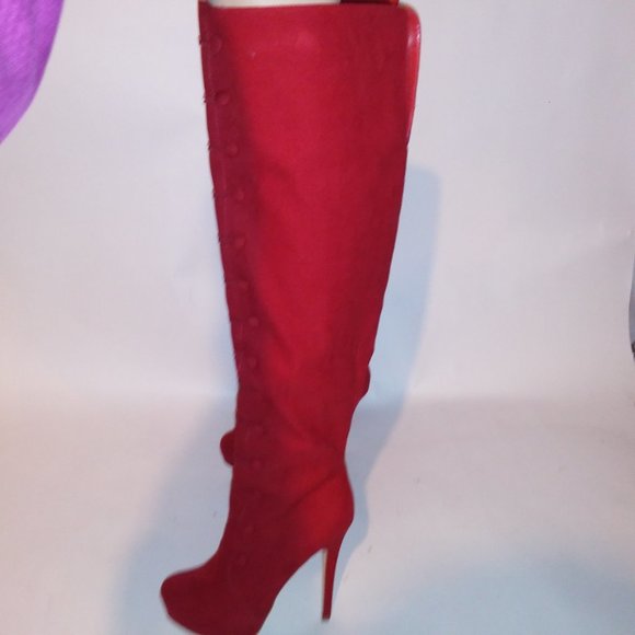 Just Fab Over the Knee Boots Womens Size 10 Solid Red Button Detail Platform Sid - Picture 5 of 16